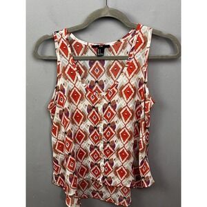 XXI Forever 21 Womens Small Orange Geometric Ikat Diamond Button V-Neck Tank Top